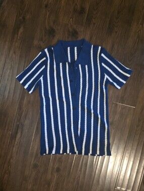 Blue and White Striped Knit Button-Up